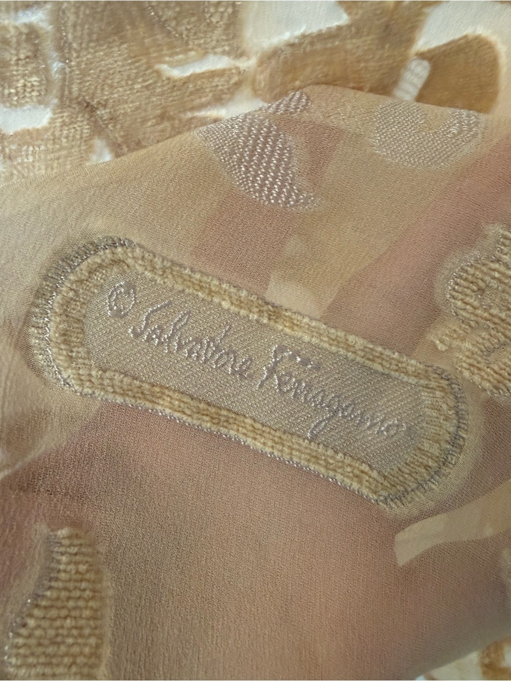 Salvatore Ferragamo Beige and Tan Sheer Logo-Trim Scarf w/ hand tied silk fringe - Picture 6 of 6